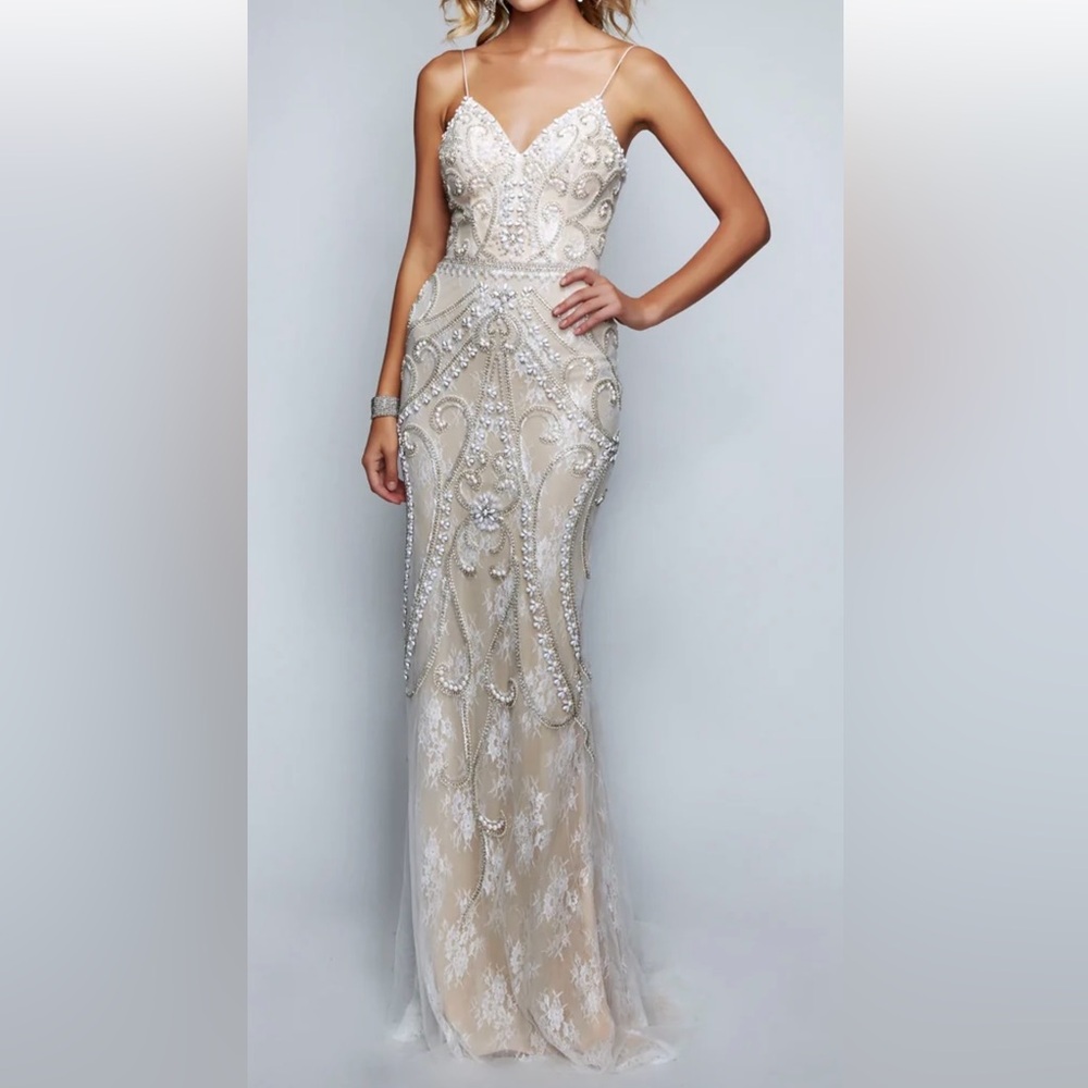 Nina Canacci 8170 Ivory/Nude beaded long prom dress.  Size 6